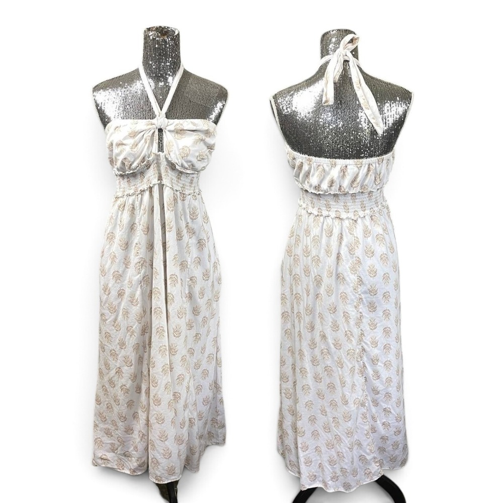 Smocked Waist Floral Cut-Out Halter Maxi Dress Large